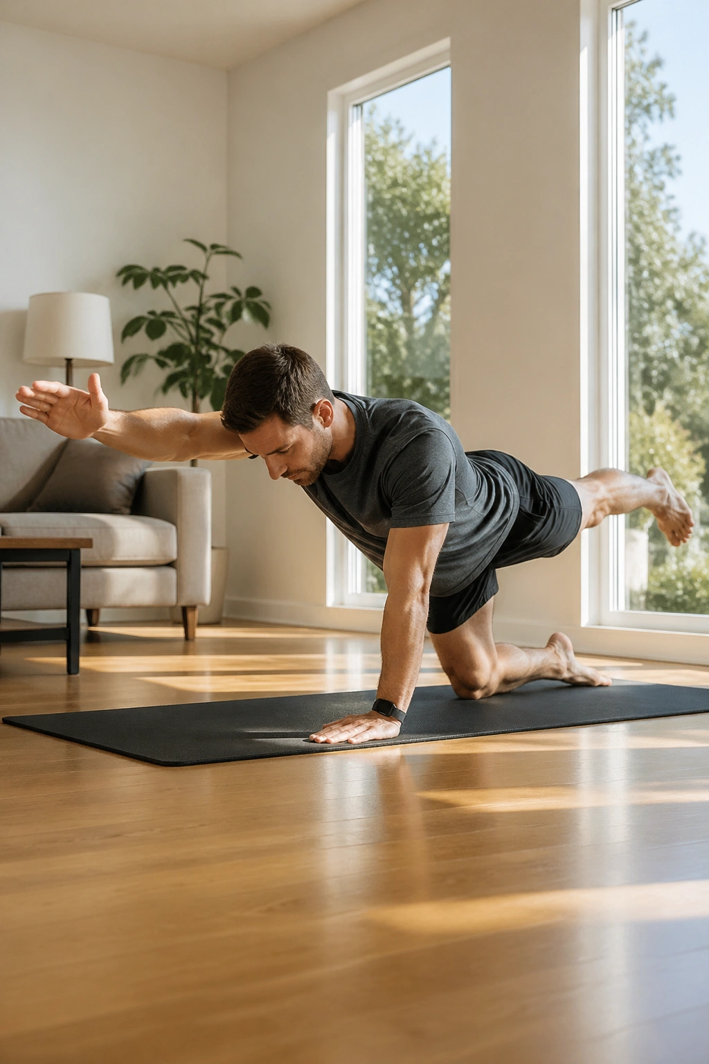 Real person performing bird dog hover on a mat with extended arm and leg