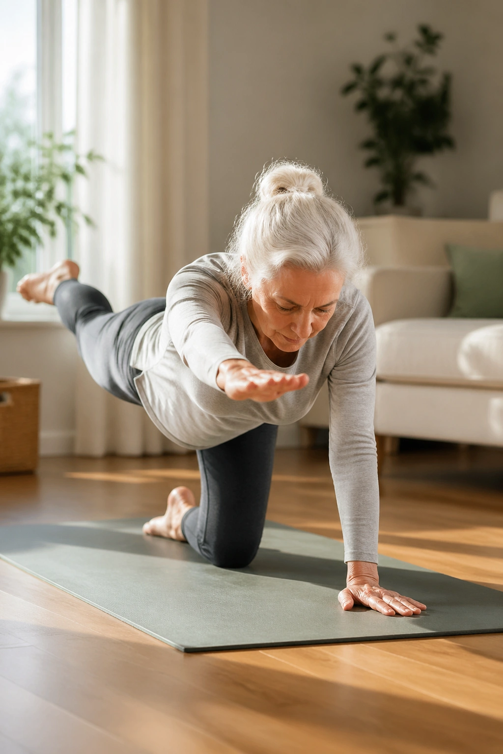 Close-up of a real senior performing Bird Dog on hands and knees