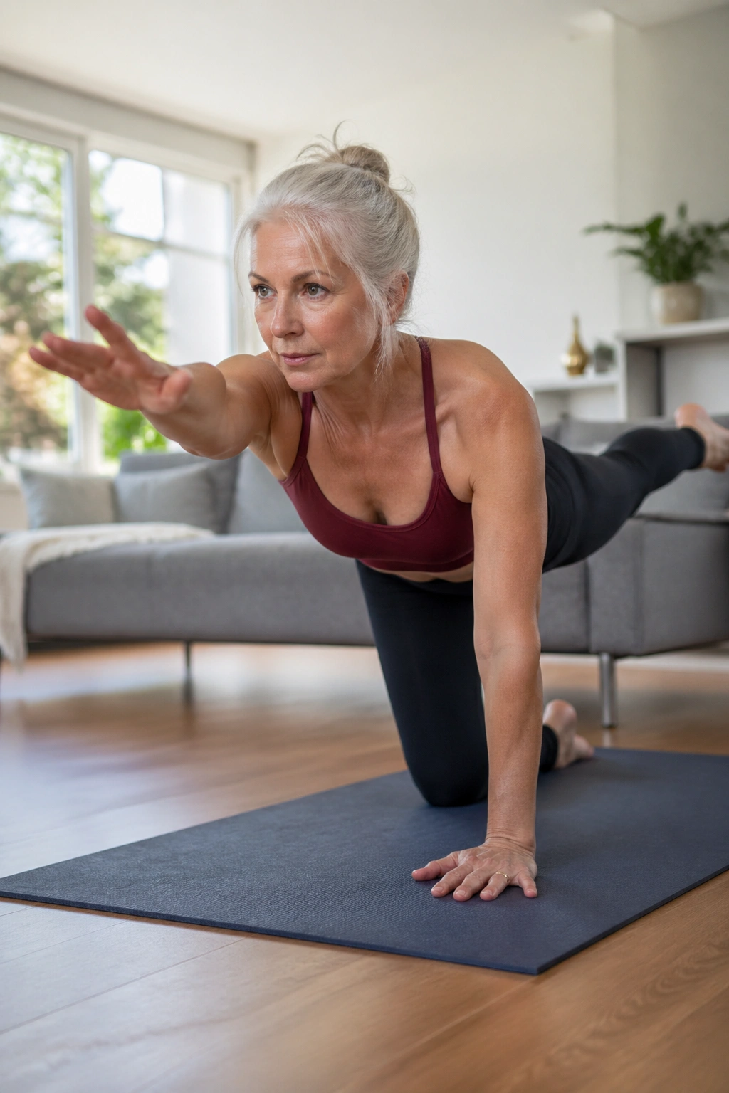 Bird dog exercise on hands and knees with extended arm and leg.
