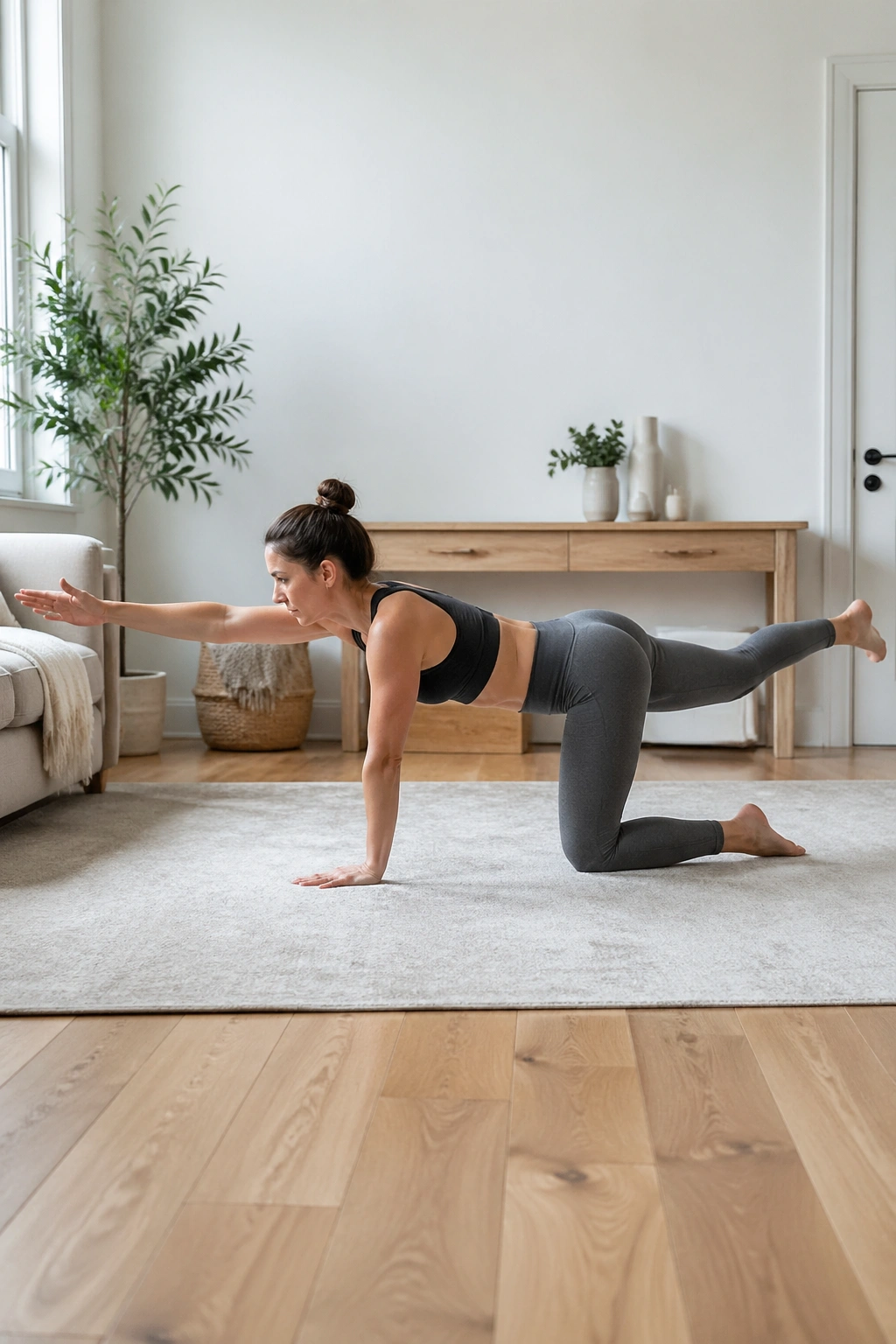 Person in bird-dog position reaching opposite arm and leg for core stability