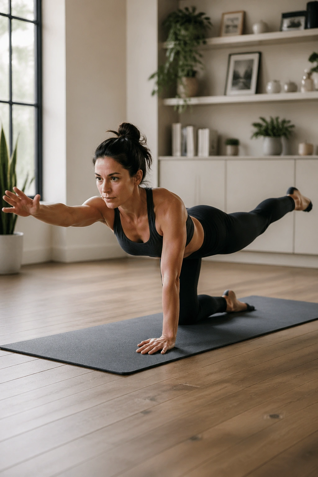 Side view of a person in bird dog pose with arm and leg extended