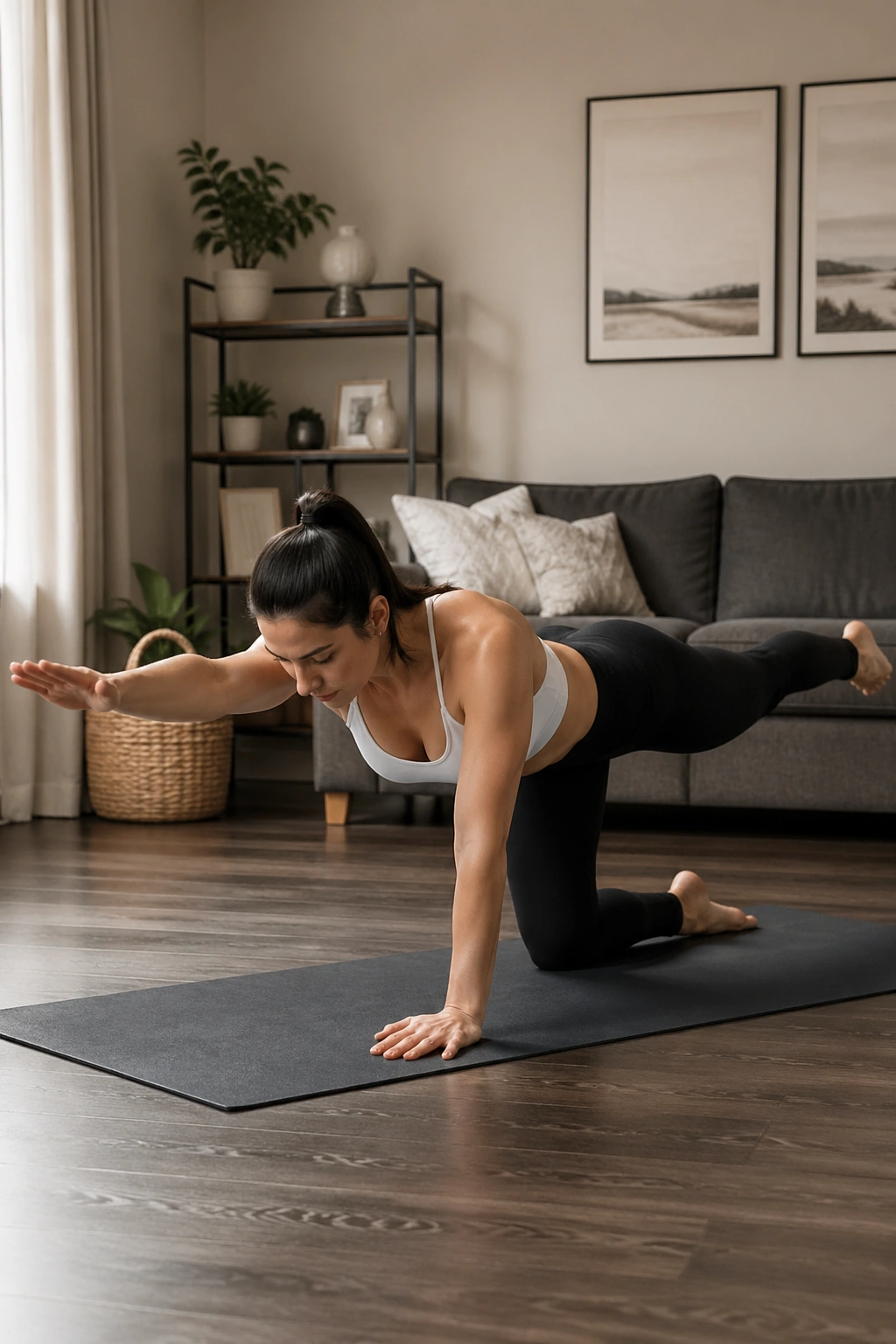 Real person in a bird dog hold on a mat with extended arm and leg