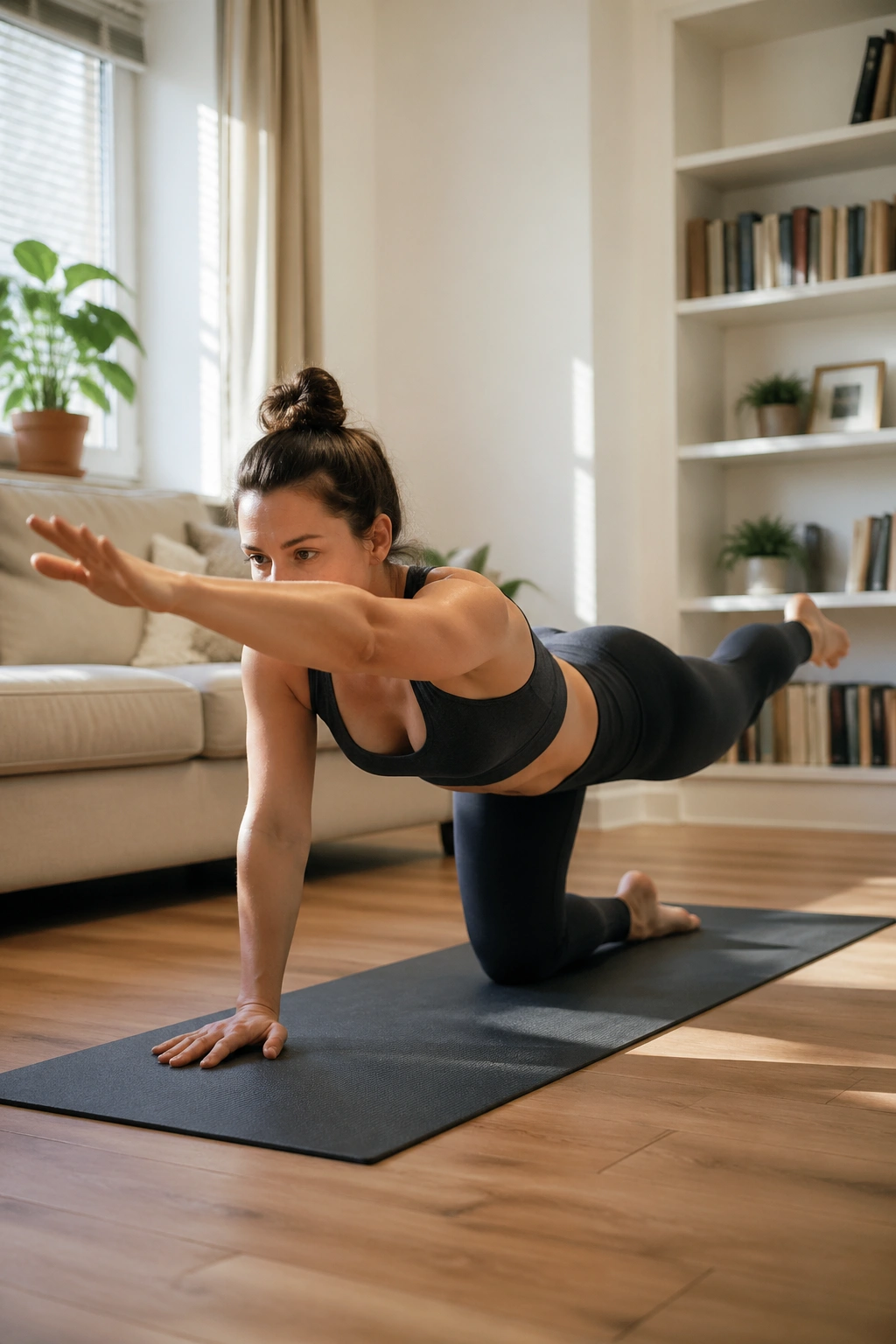 Bird dog on hands and knees demonstrating torso stability