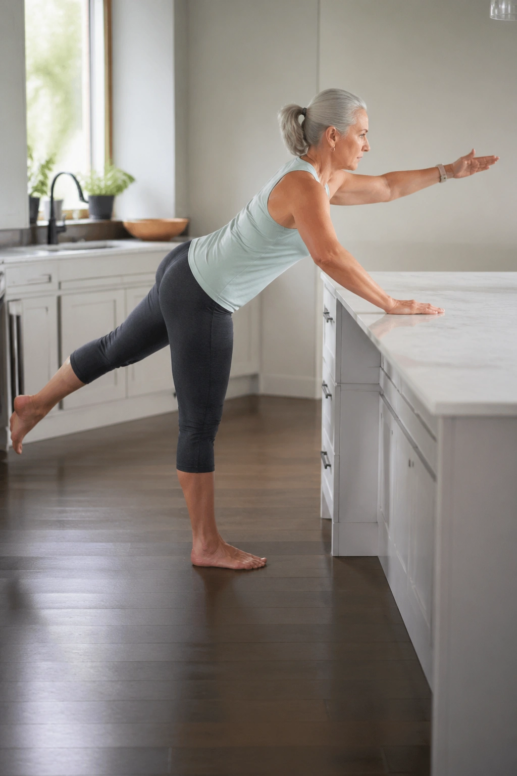 Bird-dog position at countertop with extended arm and back leg
