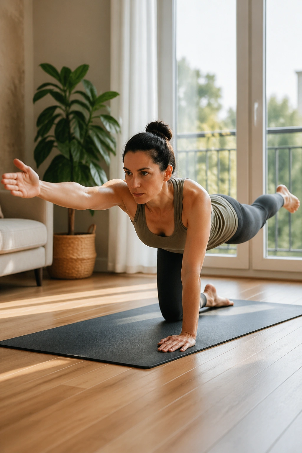 Real person performing bird dog reach for cross-body control