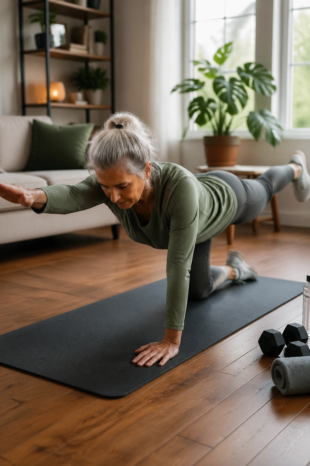 Real person in bird dog pose demonstrating core stability