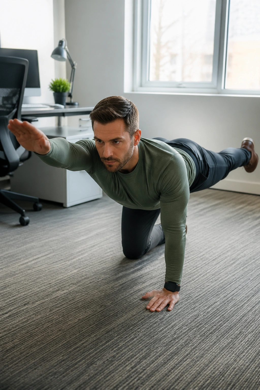 Close-up of a person performing bird dog in an office setting