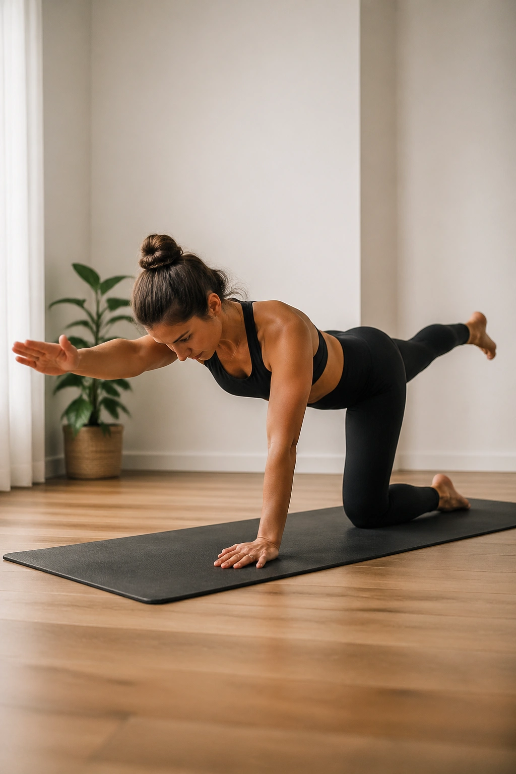 Person performing bird dog exercise with extended arm and leg.