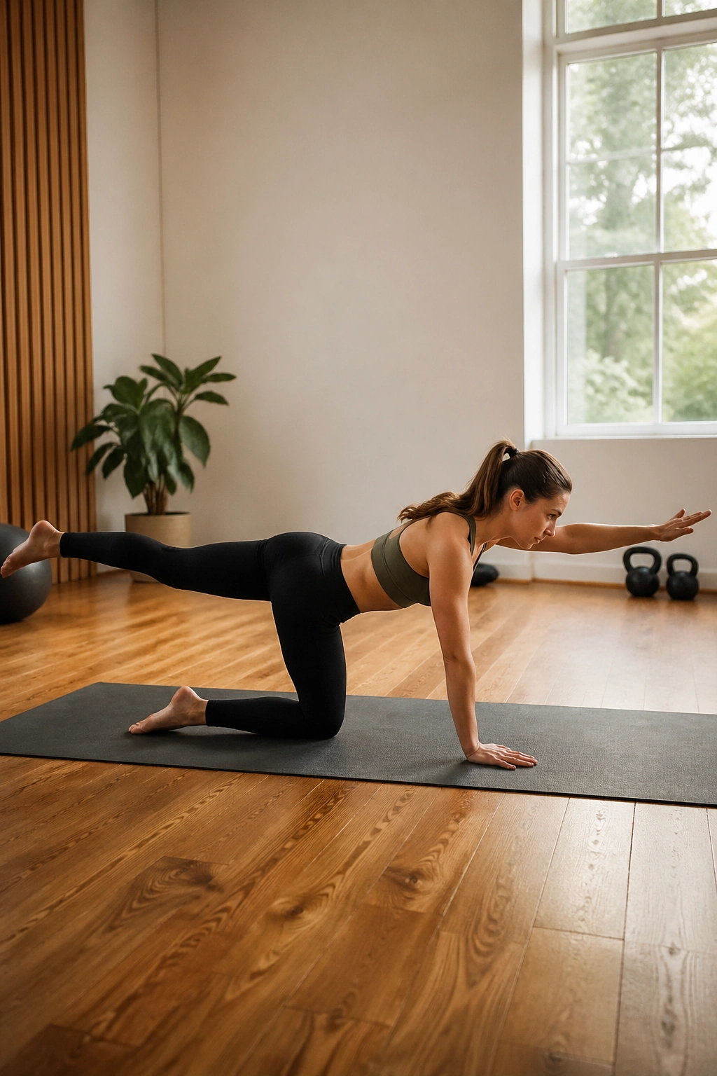 Person performing bird dog with knee tuck on a gym mat