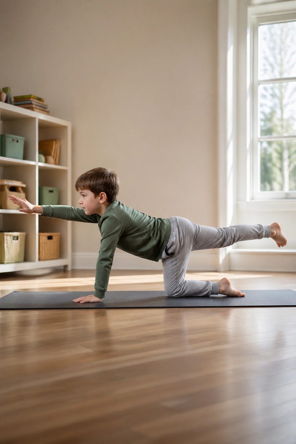 Child in Bird Dog pose extending arm and leg
