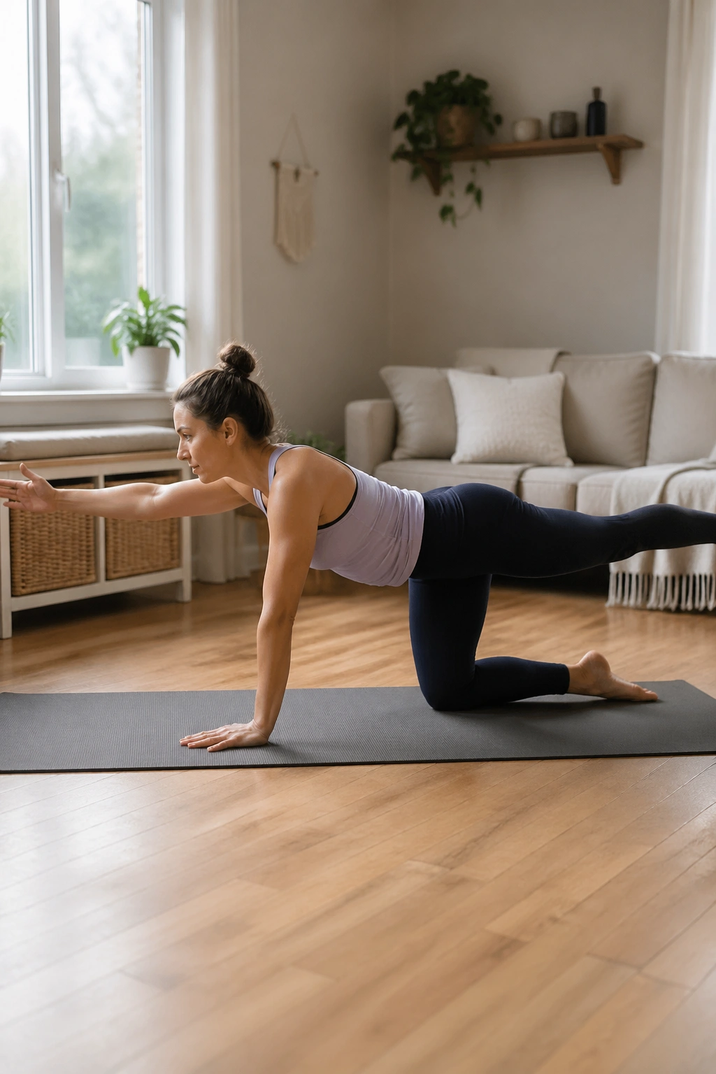 Postpartum Bird-Dog reach demonstrating core stability on hands and knees.