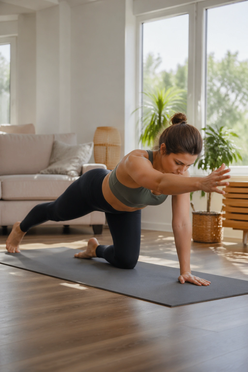 Real woman performing Bird Dog Reach with controlled torso and limb extension for core stability.