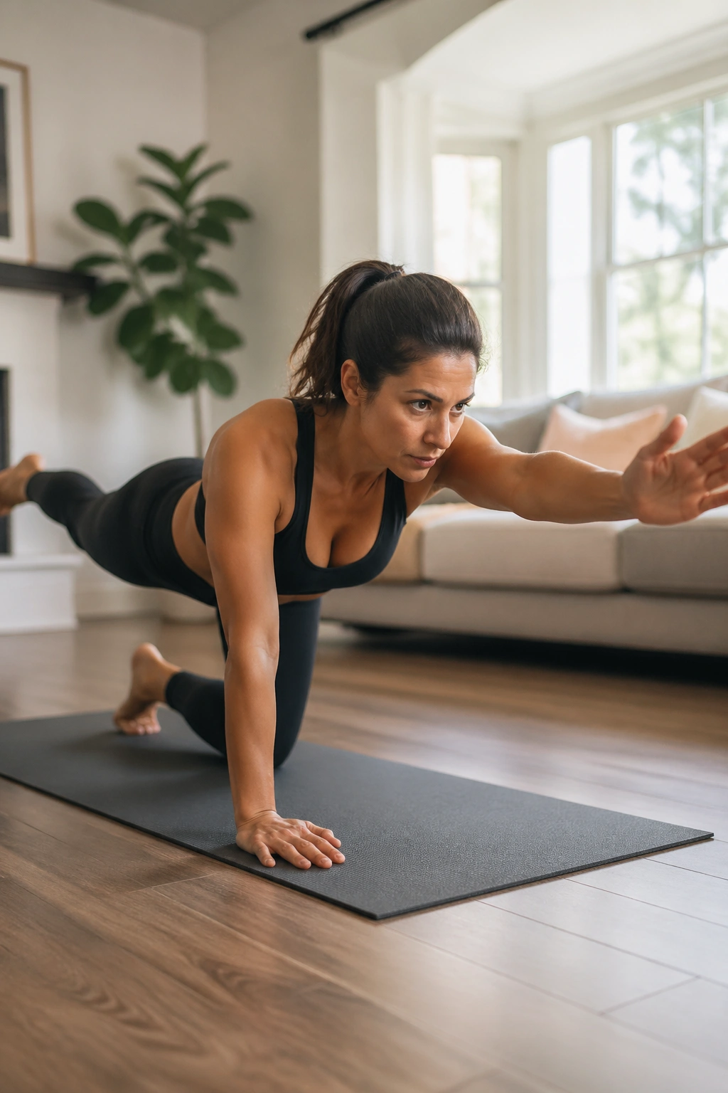 Close-up of a real person performing bird dog reach on a mat with hips level
