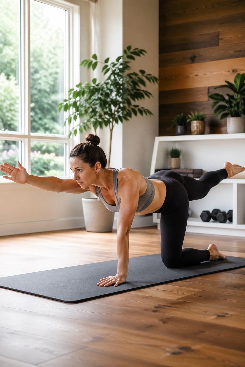 Real person performing bird dog with controlled pelvis and opposite limb extension