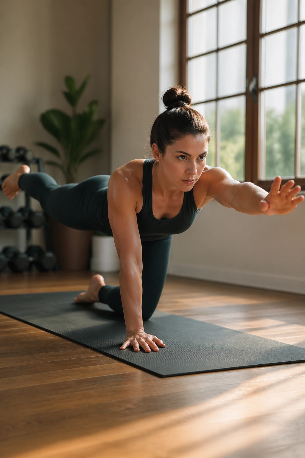 Medium-close portrait of a person performing Bird Dogs to show core stability and balance.