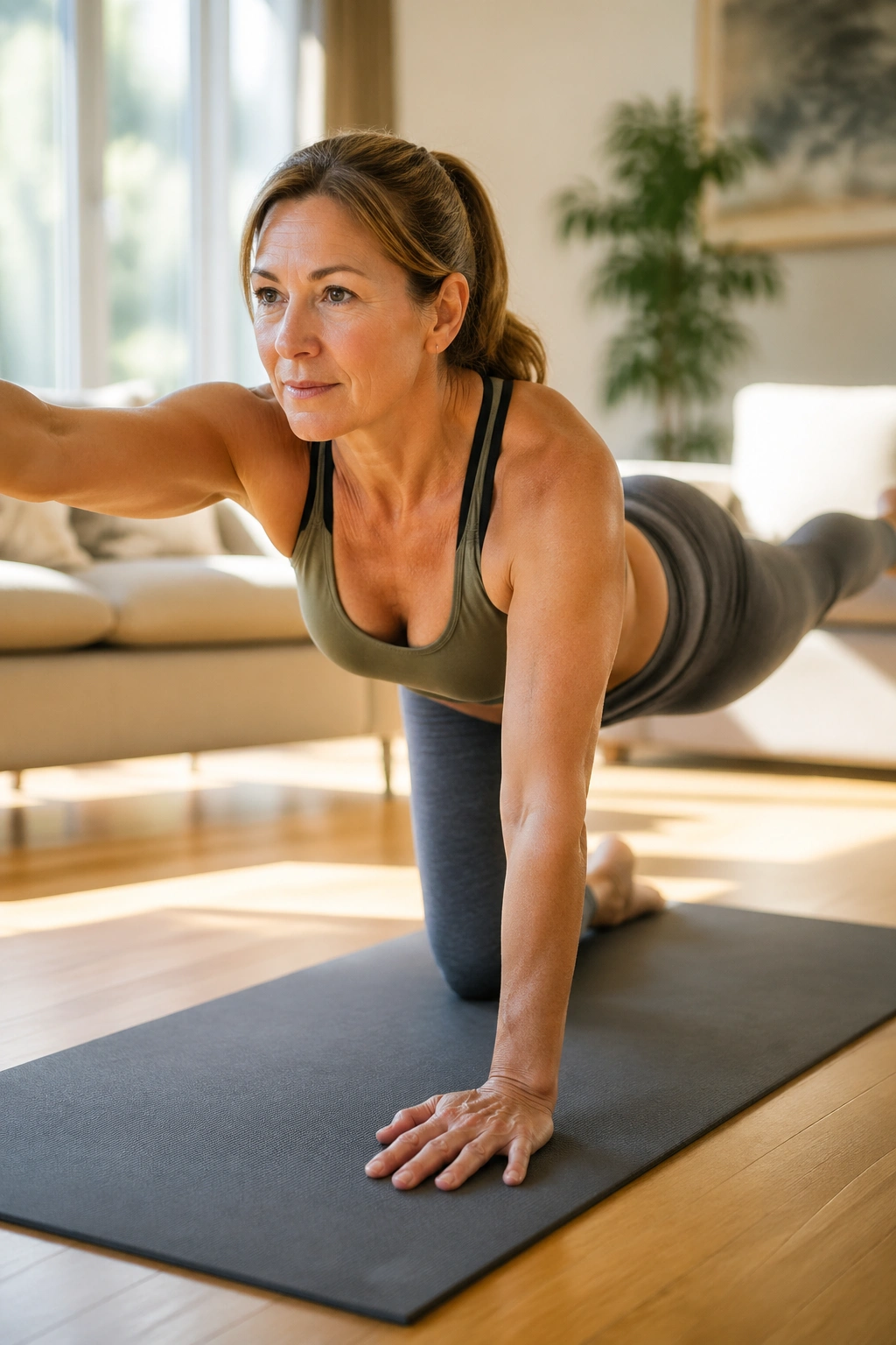 Close-up of a woman performing bird dogs on a mat in a sunlit living room.