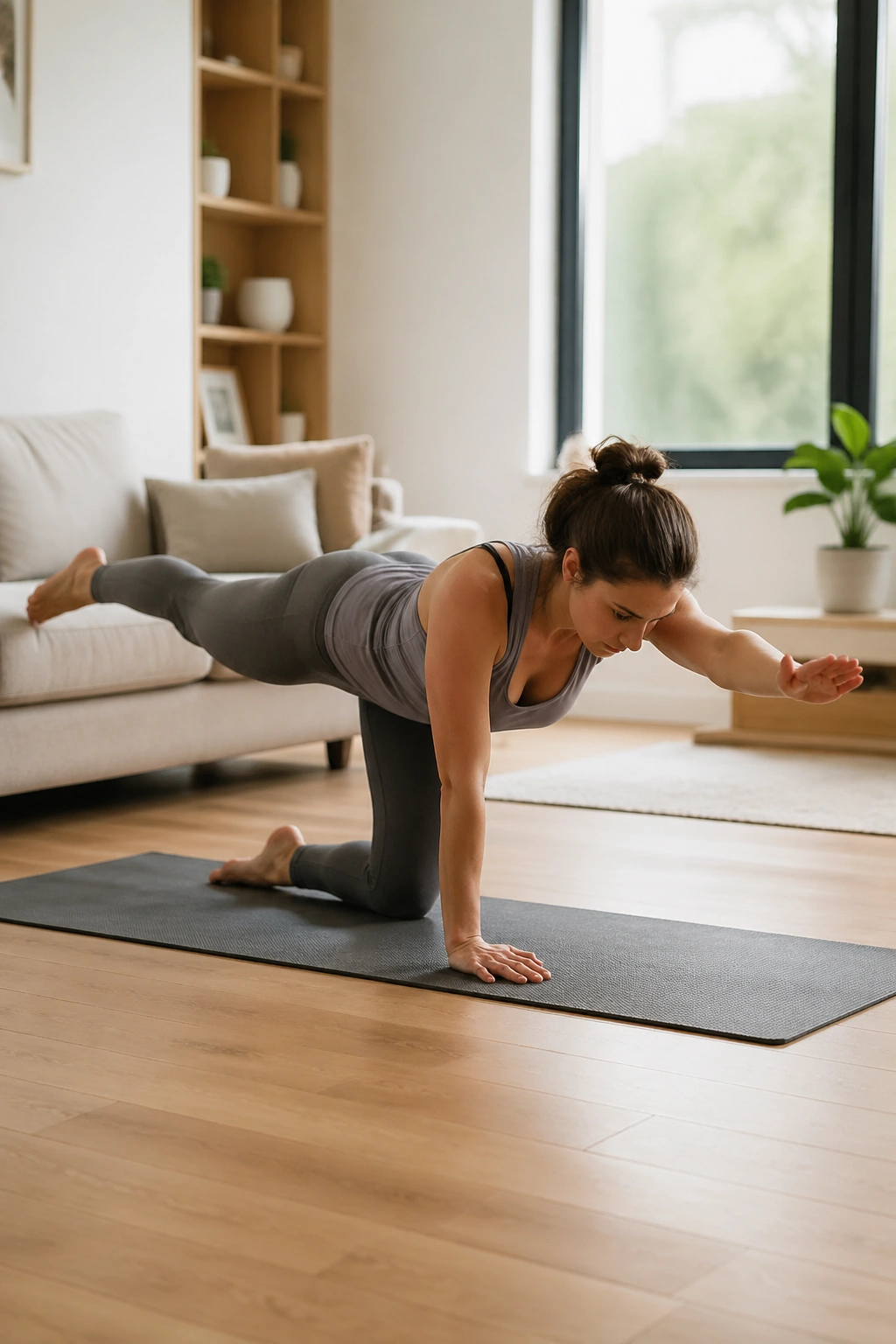 Person in hands-and-knees position performing a bird dog with short reach
