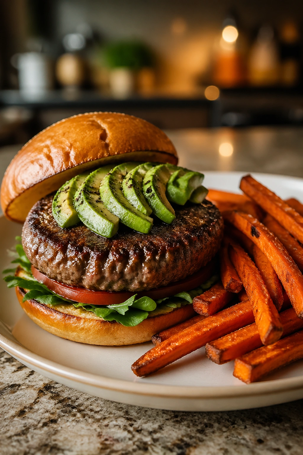 Bison burger with avocado and sweet potato fries on a plate