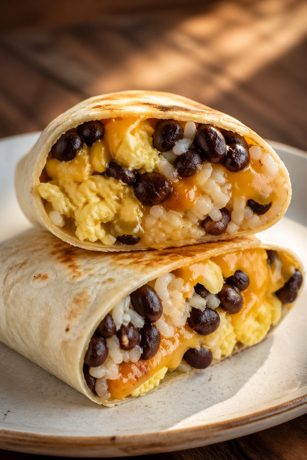 Close-up of a burrito cut to reveal beans, eggs and cheese, on a wooden table