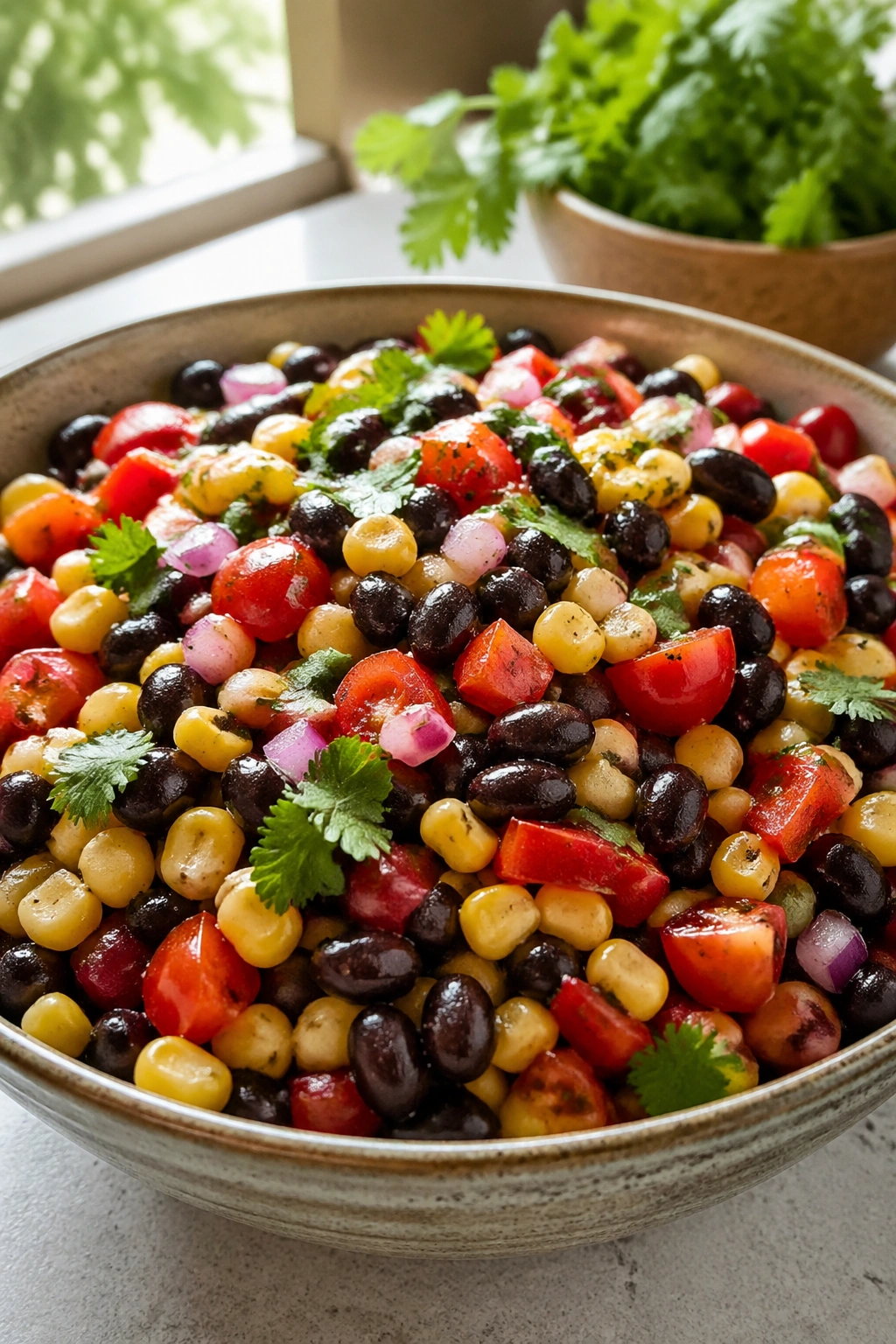 Close-up of Southwest black bean and corn salad in a bowl with colorful vegetables.