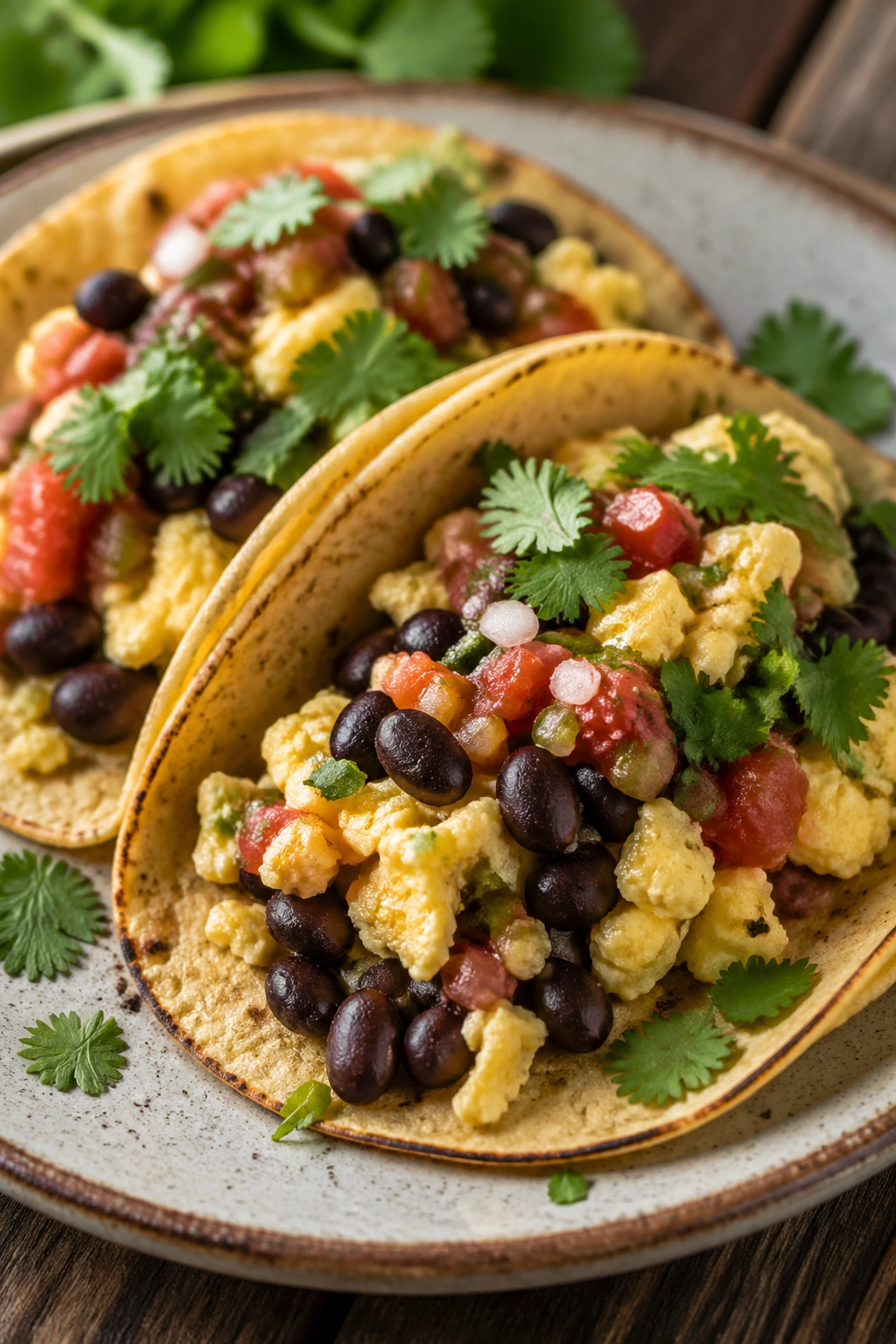 Close-up of two corn tortillas filled with black beans and eggs