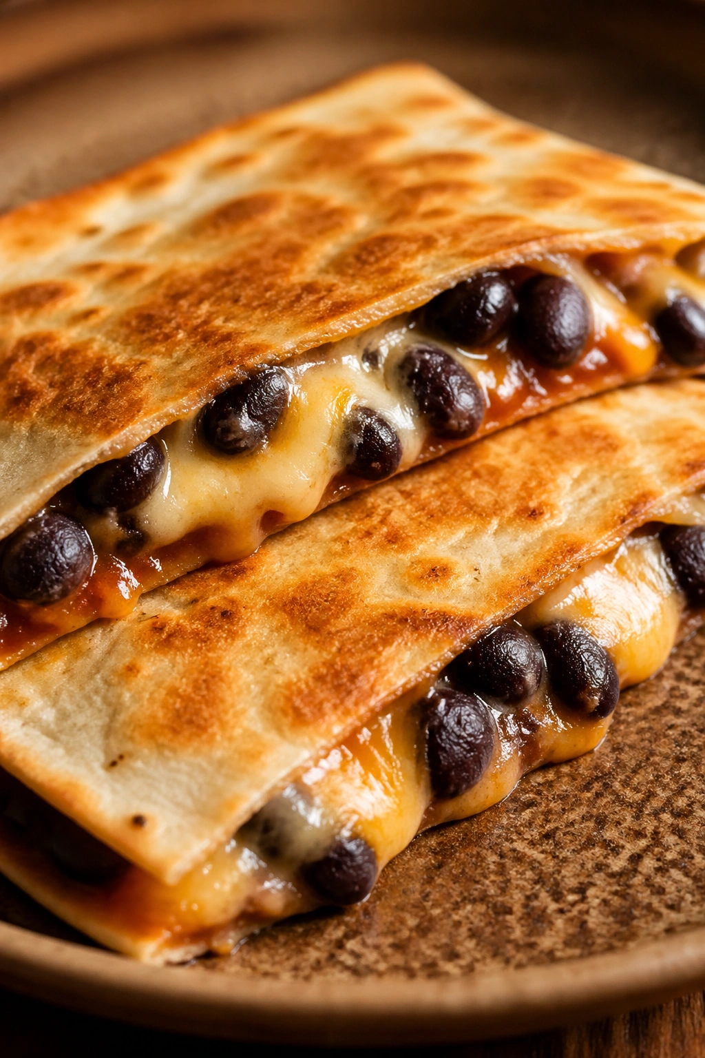 Crispy black bean and cheese quesadilla wedge on a plate