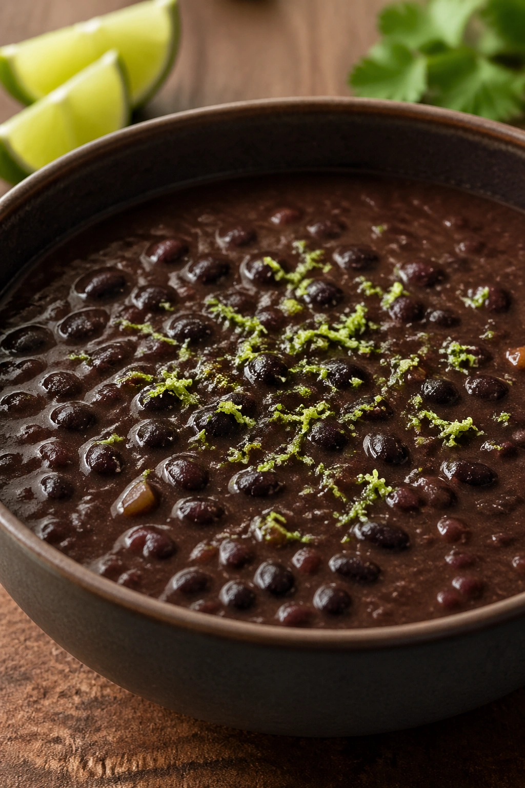 Close-up of black bean soup with lime zest garnish in a deep bowl
