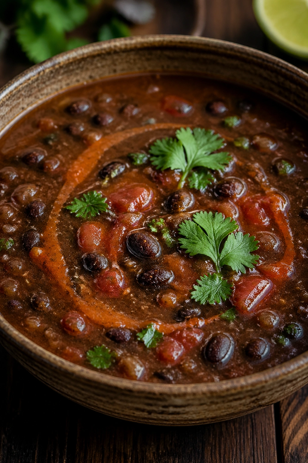 Dark soup with beans in a rustic bowl on wood, hint of salsa