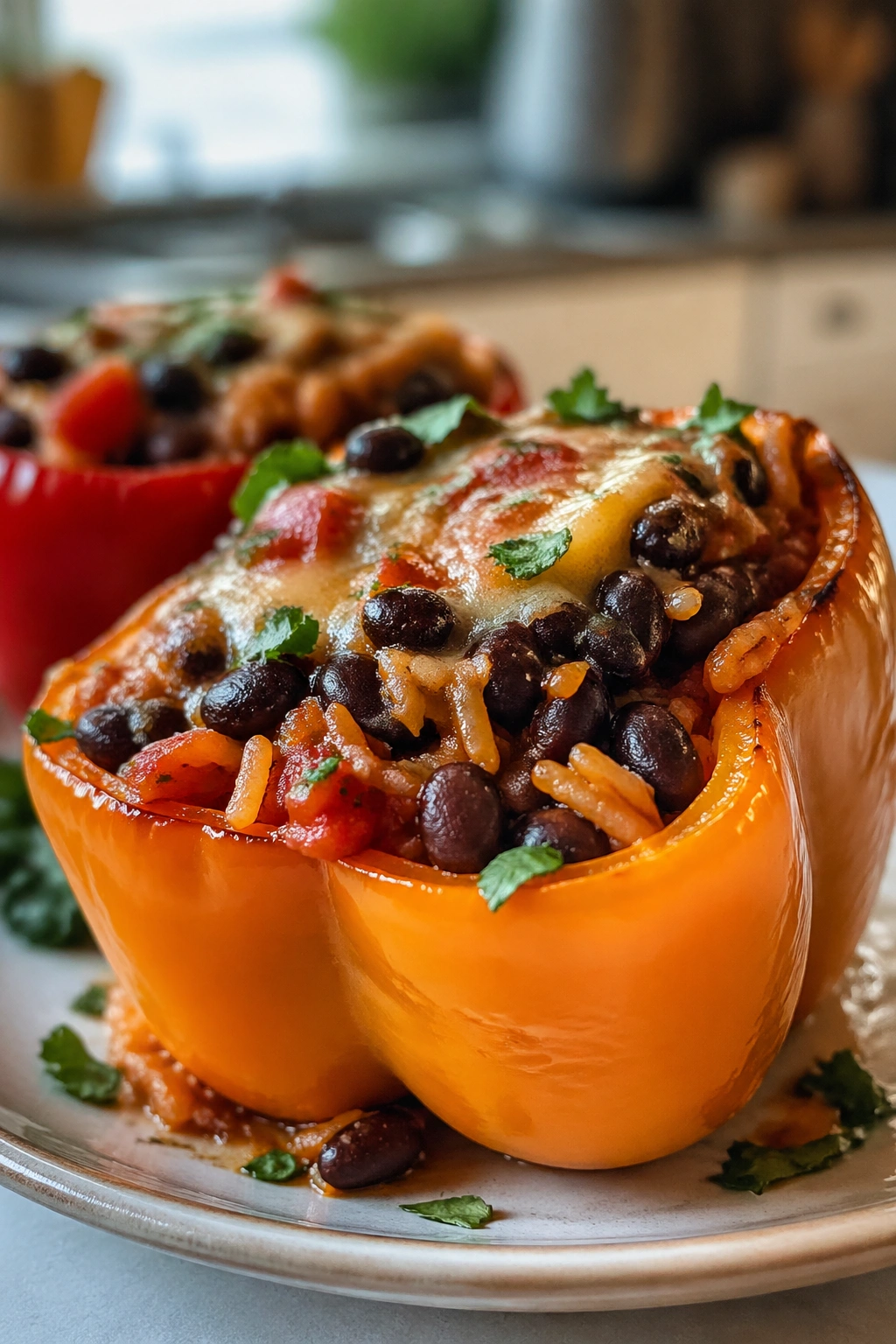 Stuffed bell pepper with black beans on a plate.