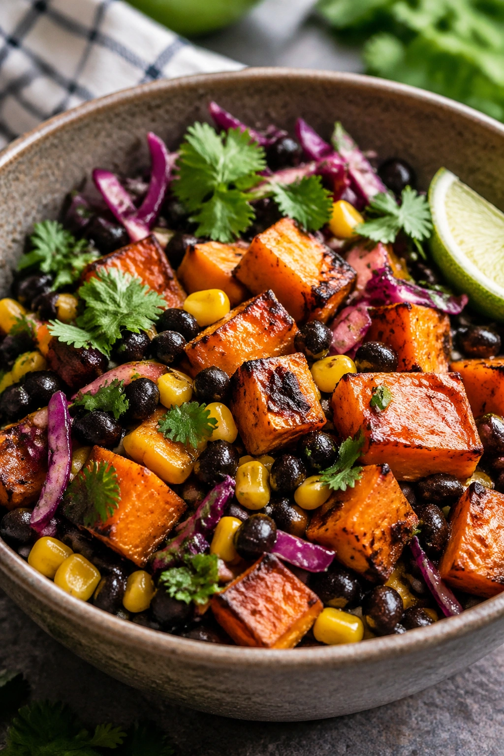 Power bowl with black beans and roasted sweet potatoes filling the frame