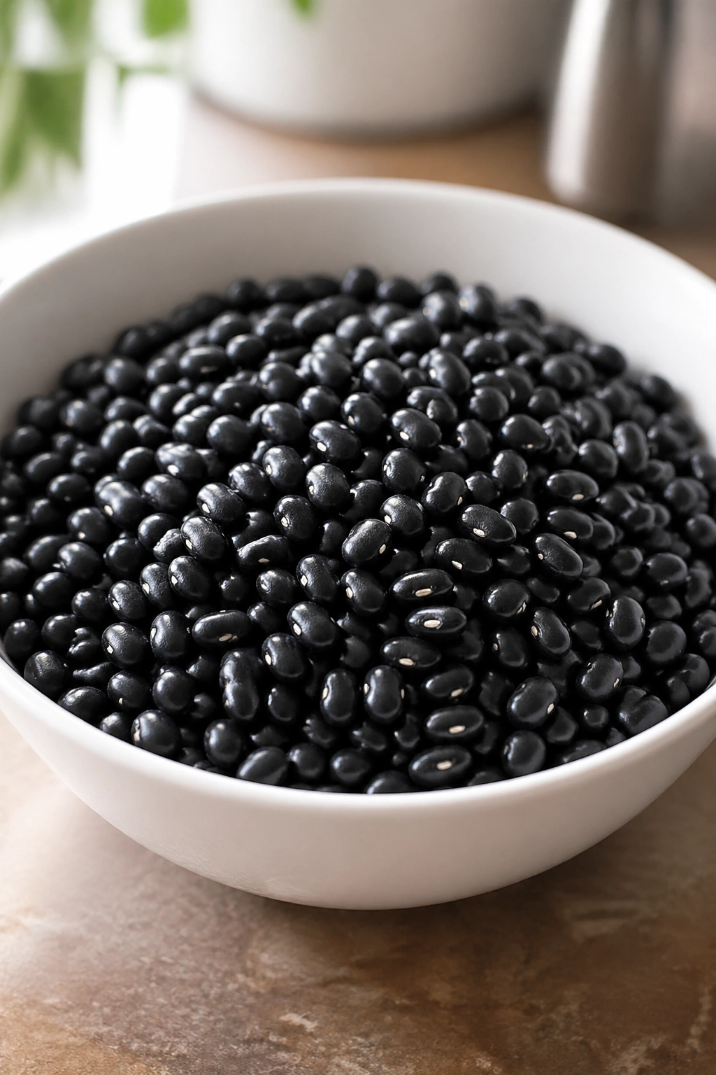 Close-up of glossy black beans in a bowl on a kitchen counter