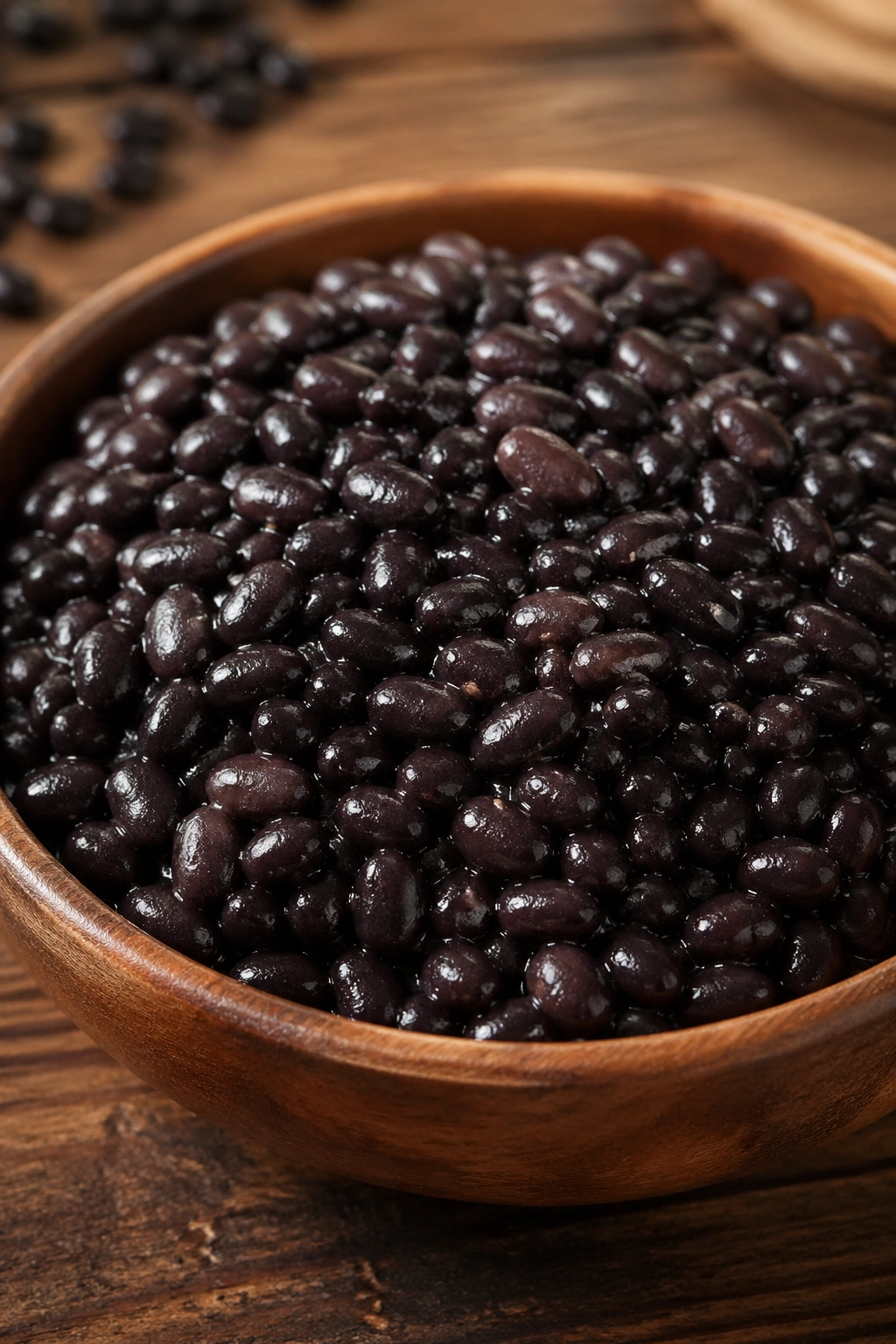 Close-up of a bowl of cooked black beans on a wooden surface