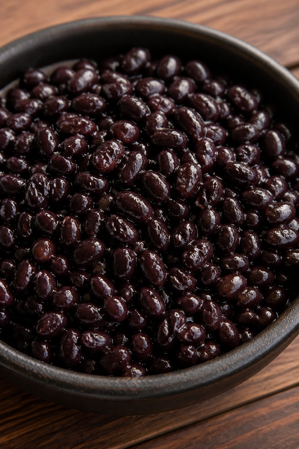 Close-up of glossy black beans in a dark bowl on a wooden surface.