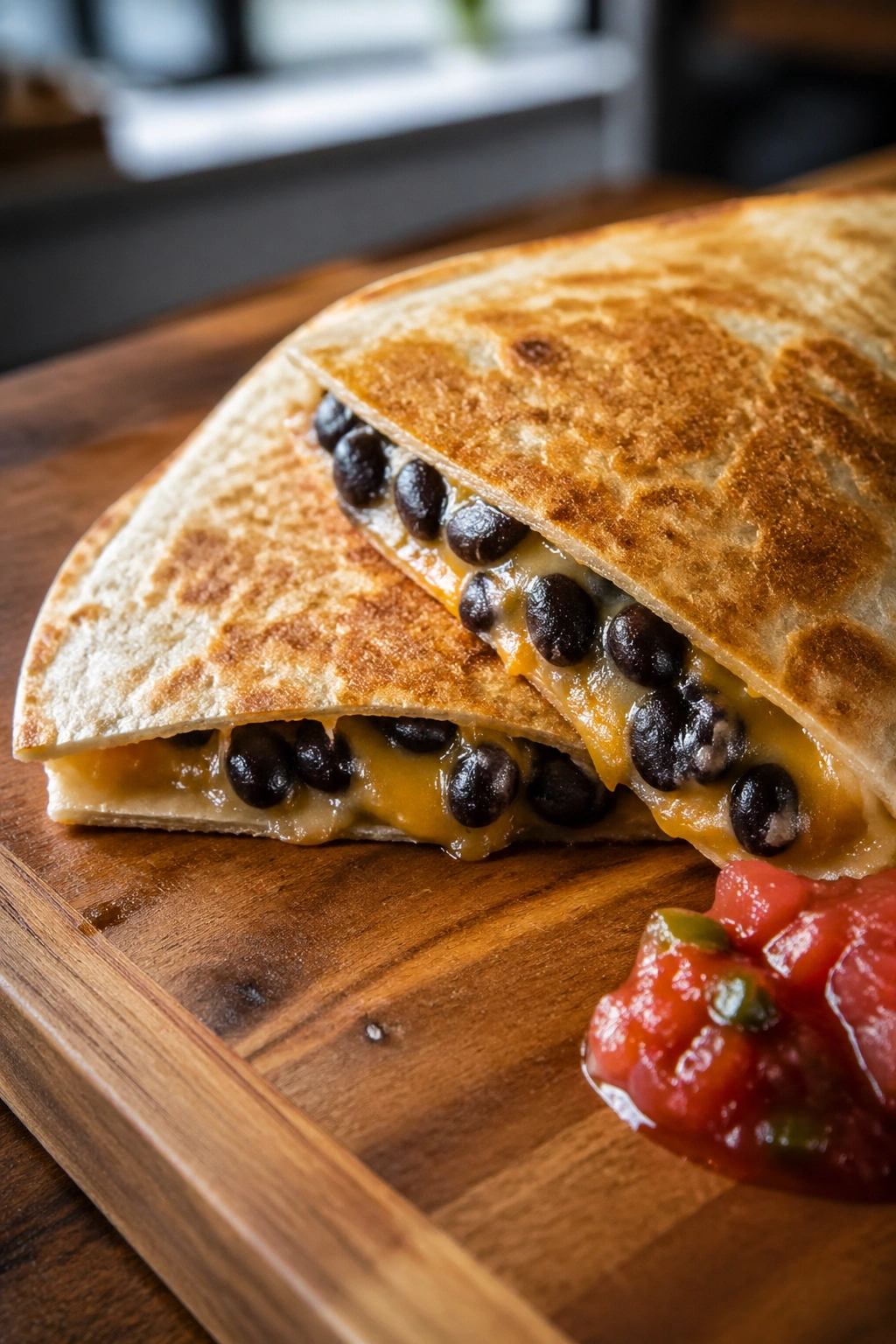 Close-up of a crisp black bean quesadilla with salsa on a wooden board