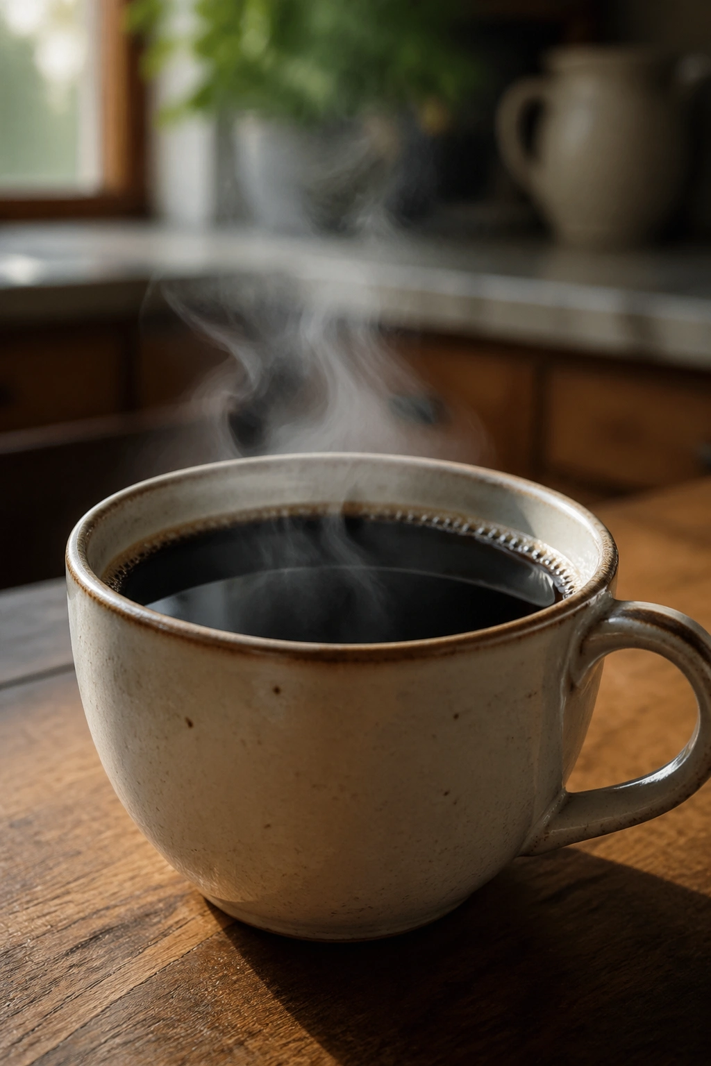 Close-up of a mug of black coffee with steam in a cozy kitchen