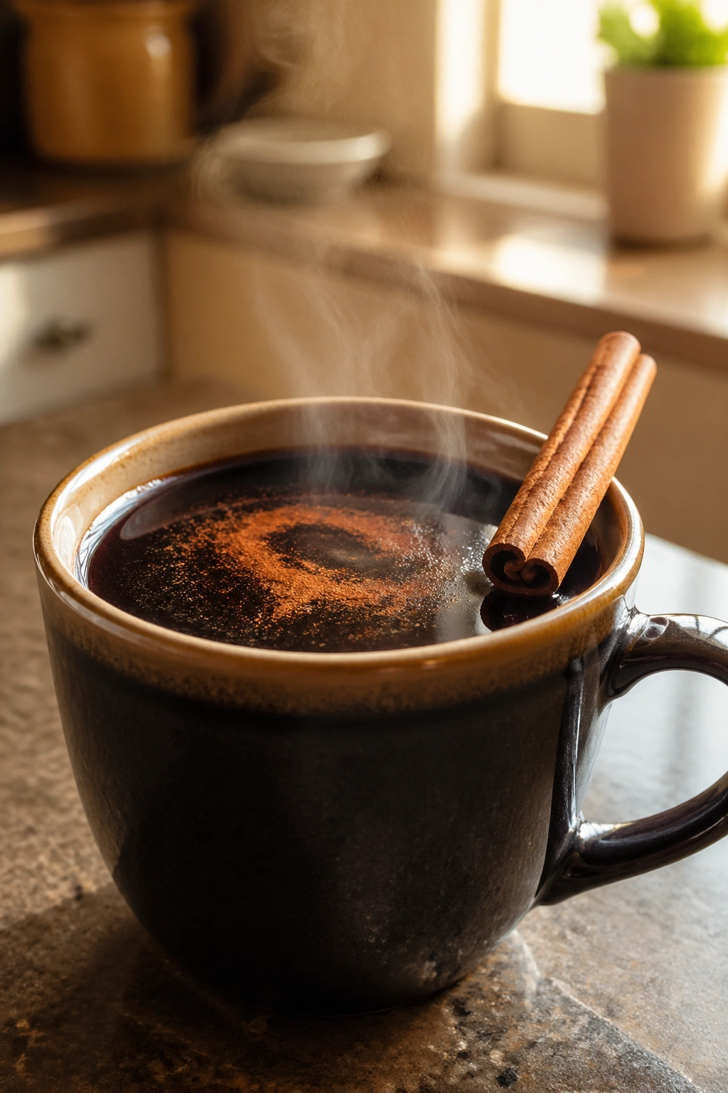 Cup of black coffee with cinnamon stick on a warm-toned kitchen counter.