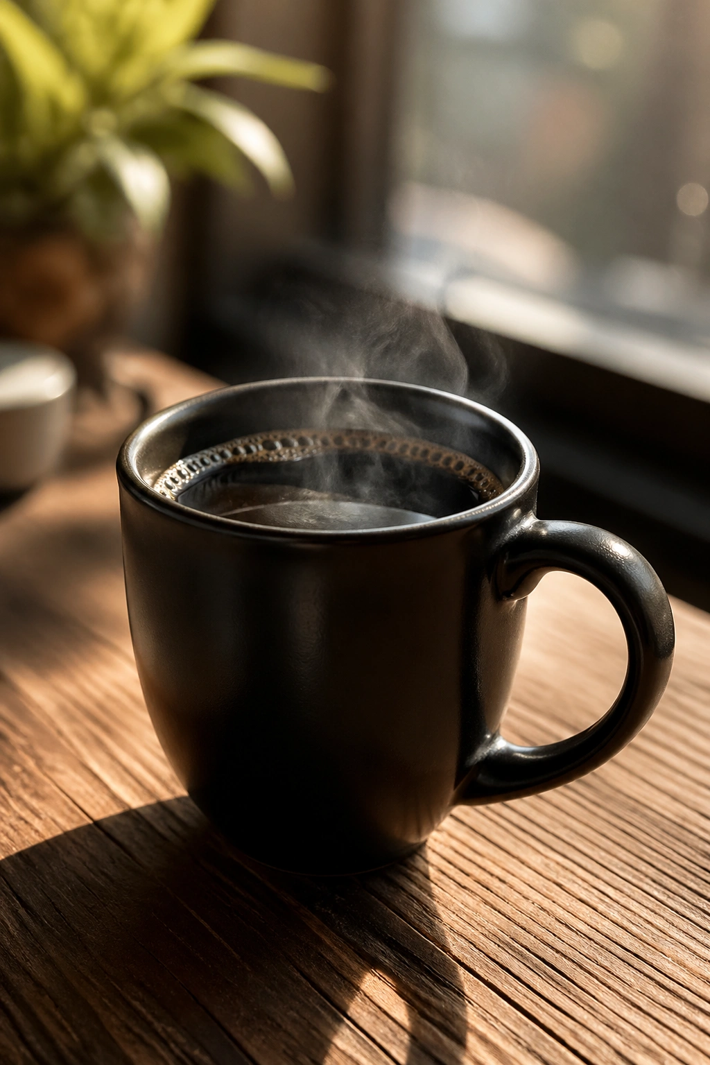 Steaming black coffee in a dark mug on a wooden table