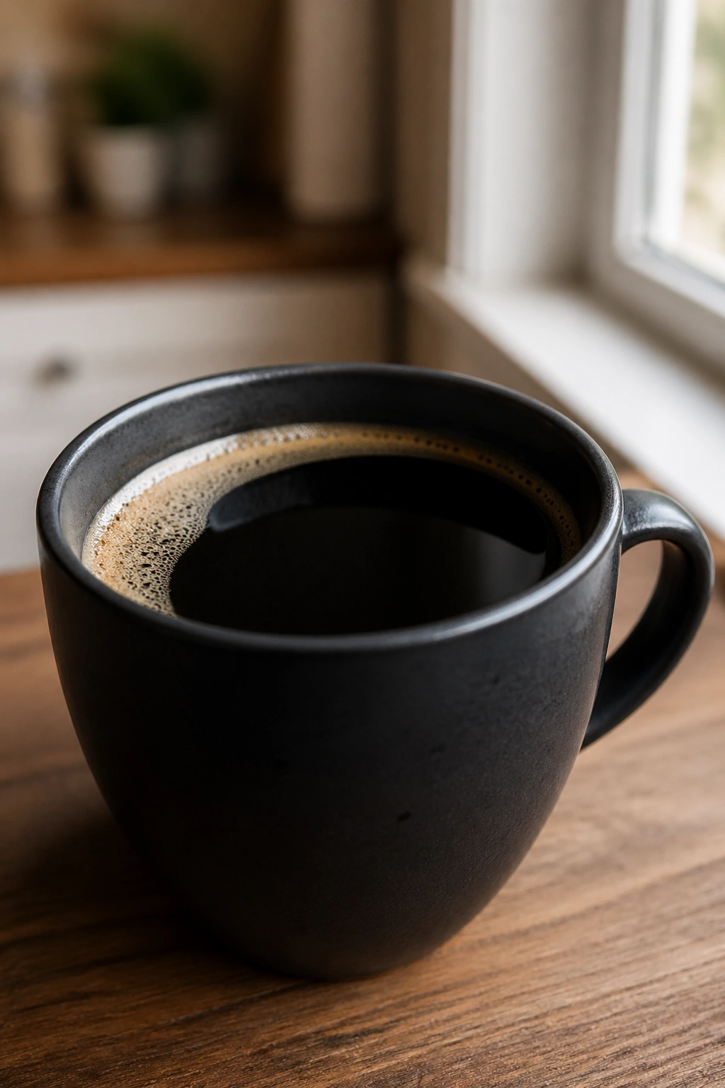 Close-up of a cup of black coffee with a light crema on a wooden table
