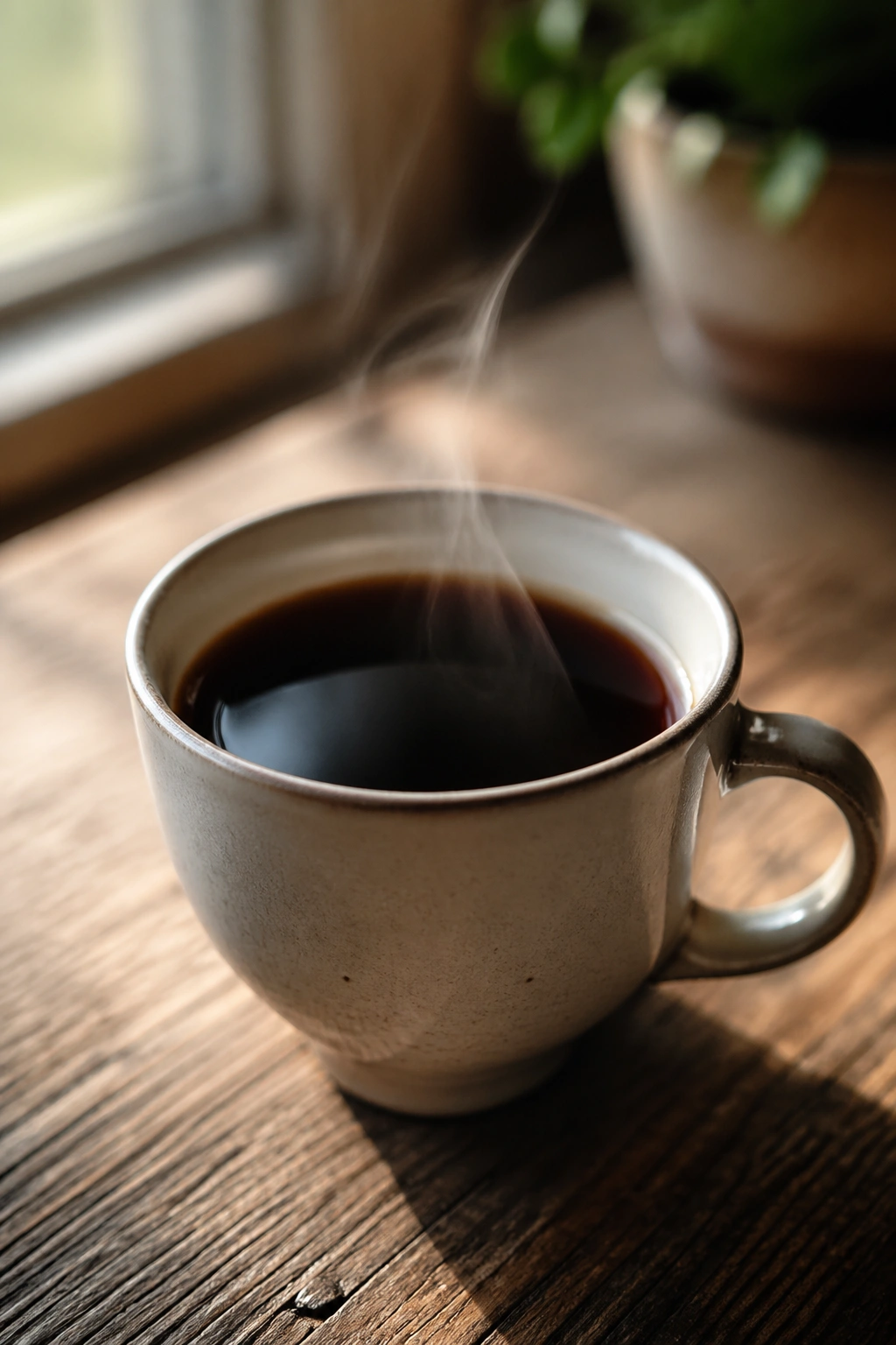 Close-up of steaming black coffee in a ceramic cup on a wooden table