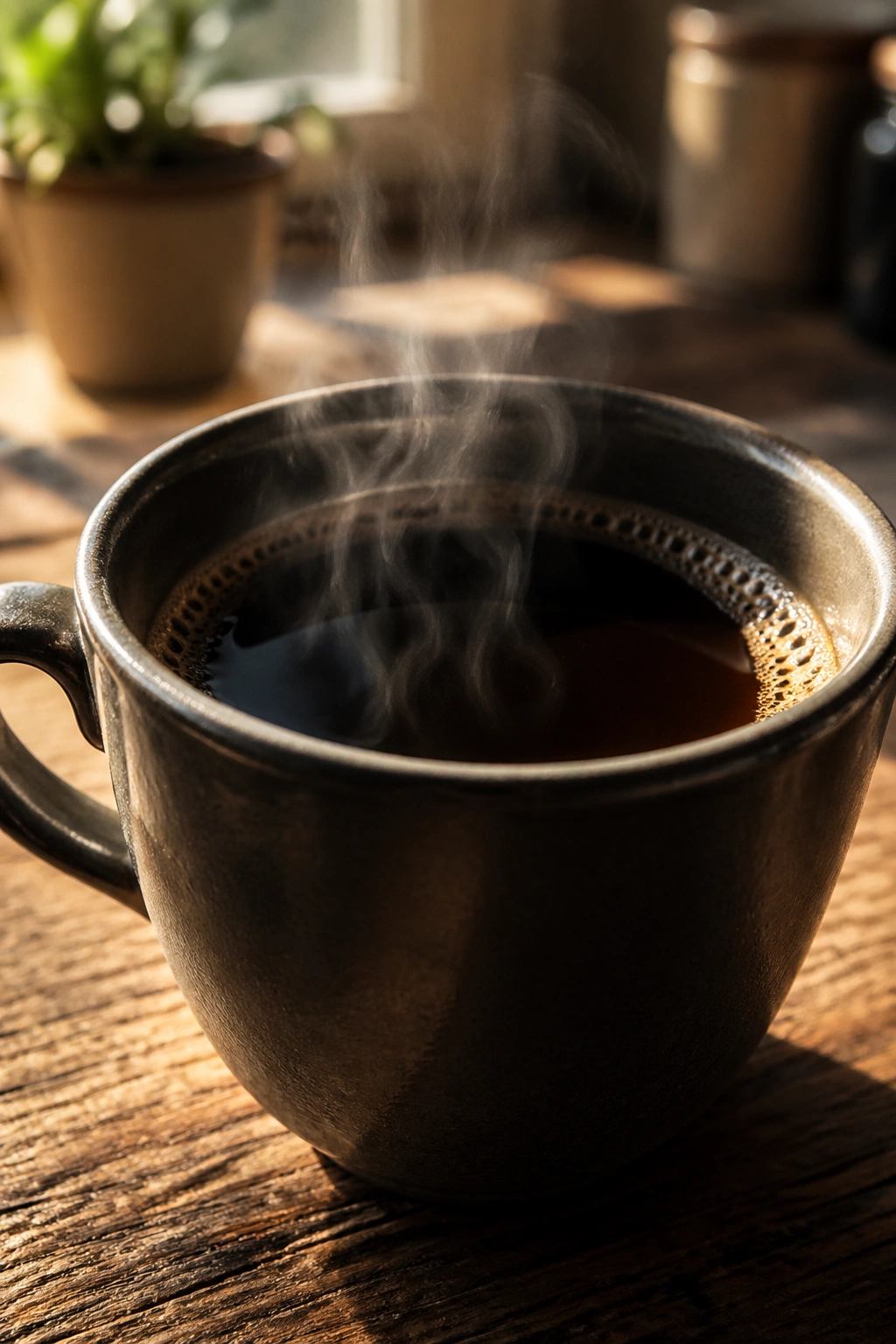 Close-up of a steaming cup of black coffee on a wooden counter in warm morning light
