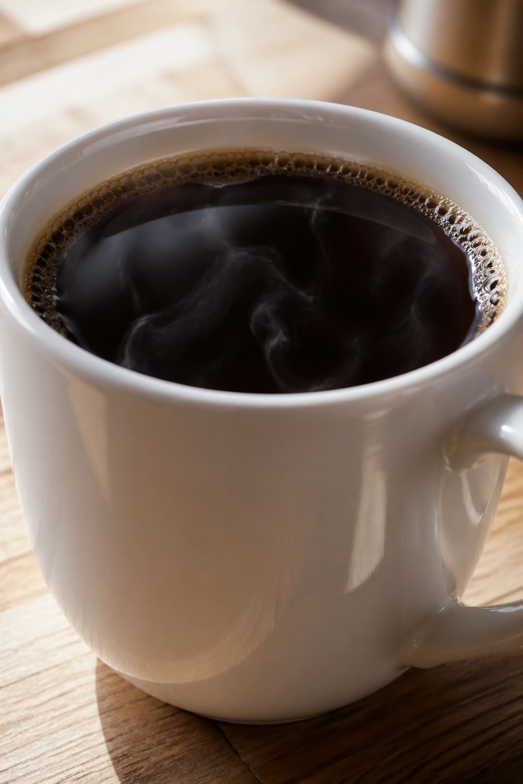 Close-up of plain black coffee in a white mug on a wooden counter