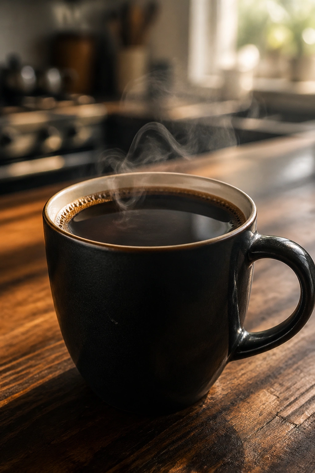 Steaming black coffee in a ceramic mug on a wooden surface.