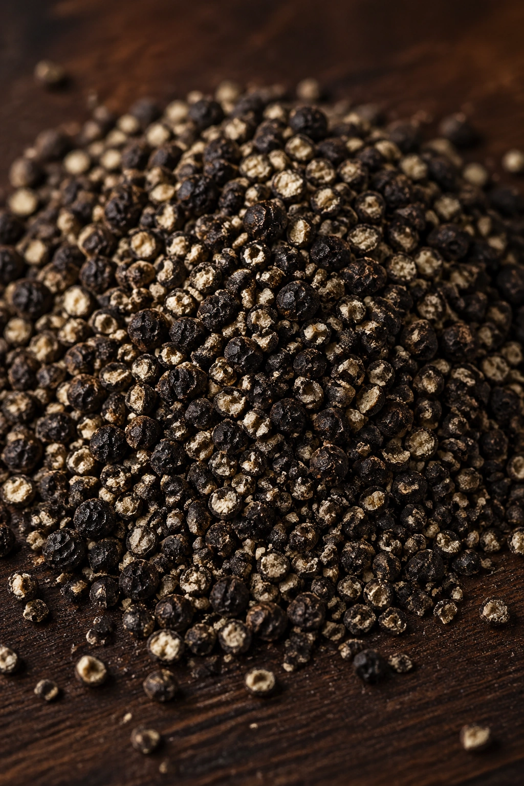 Close-up of black pepper pile on dark wood