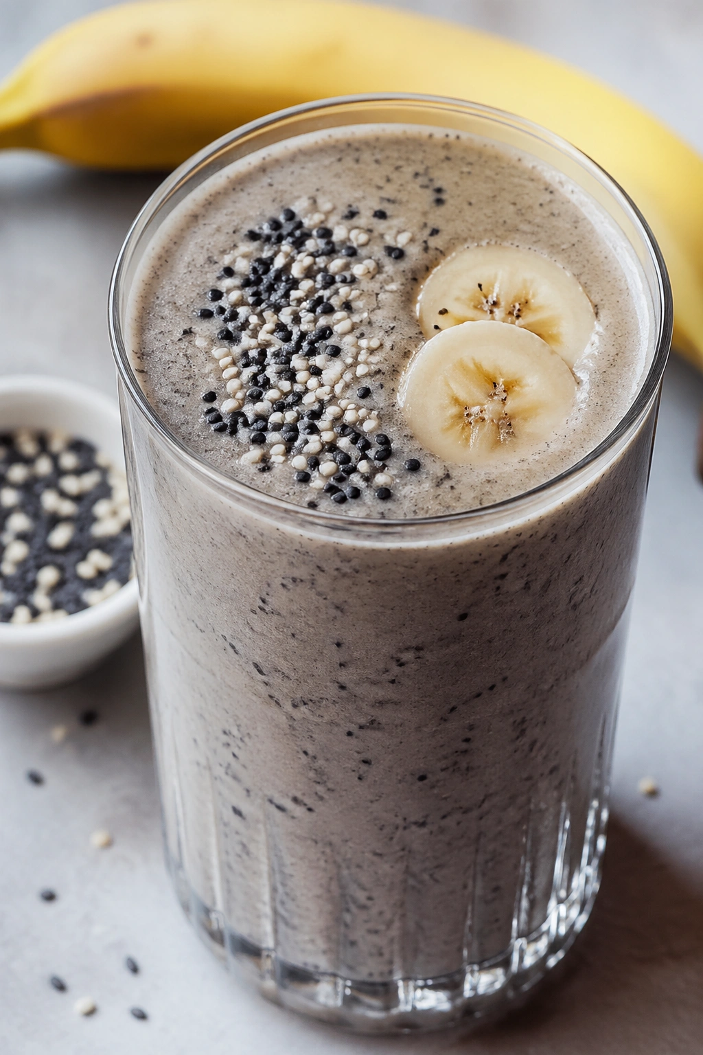 Light gray-beige Black Sesame Banana Shake in a glass on a kitchen surface