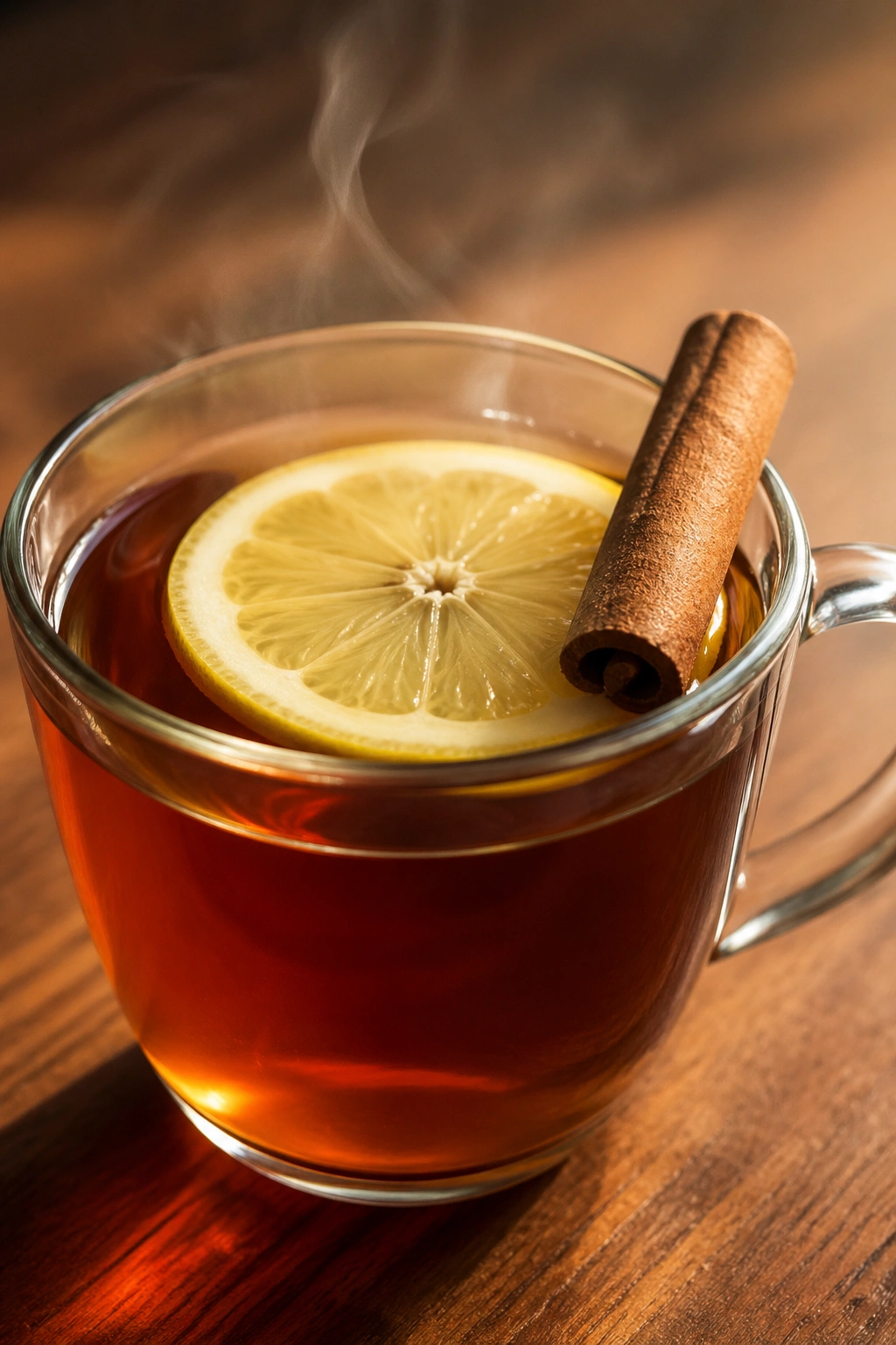 Close-up of black tea with lemon and cinnamon in a cup on a wooden counter
