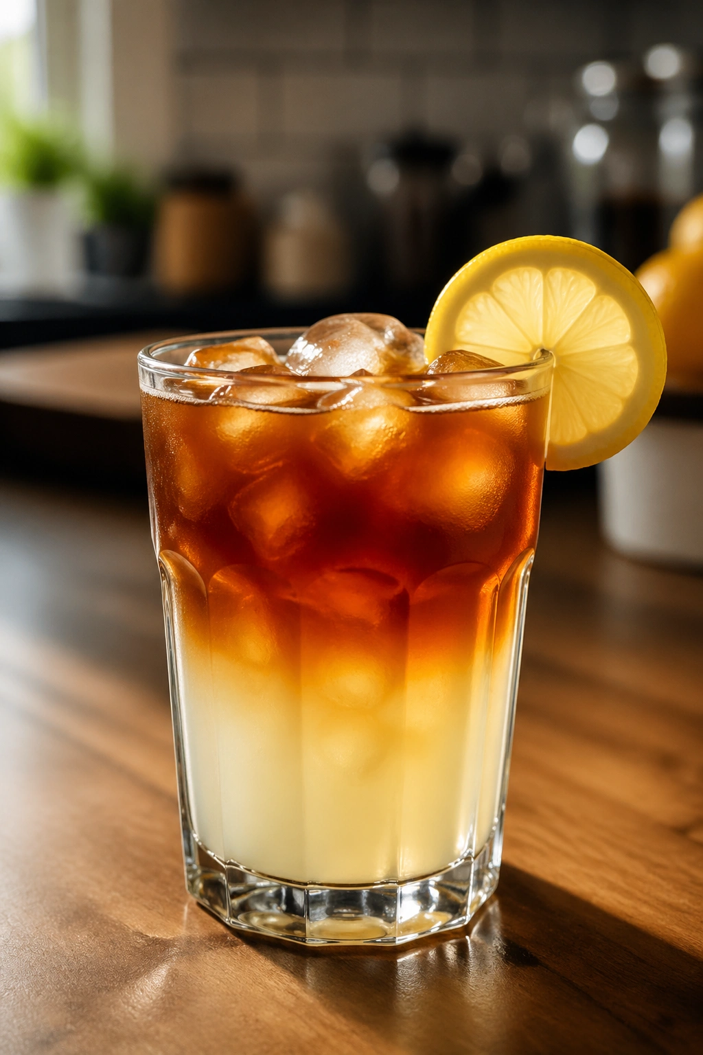 Glass of Black Tea Arnold Palmer Pre-Lift on a cozy kitchen table.