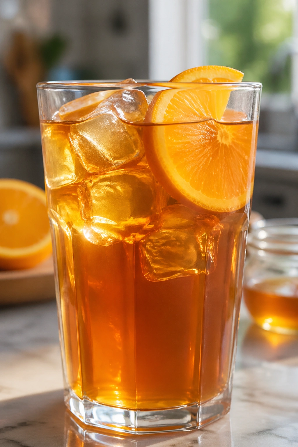 Close-up of black tea orange honey cooler in a glass, amber color