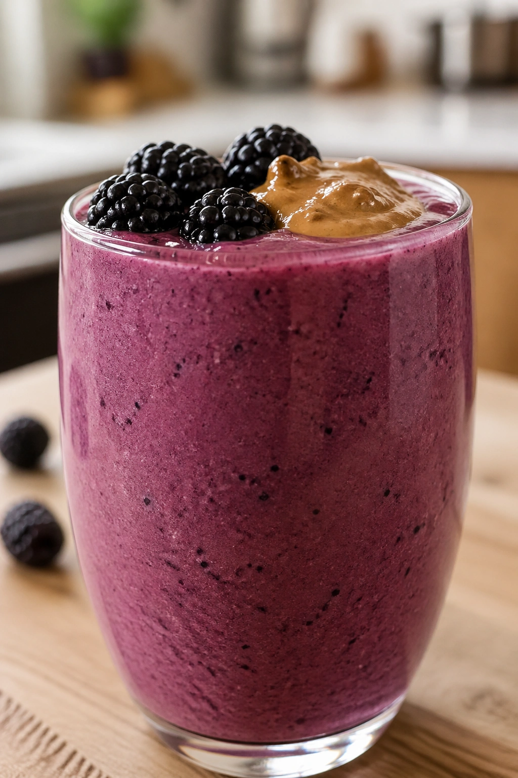 Deep purple blackberry almond butter smoothie in a glass