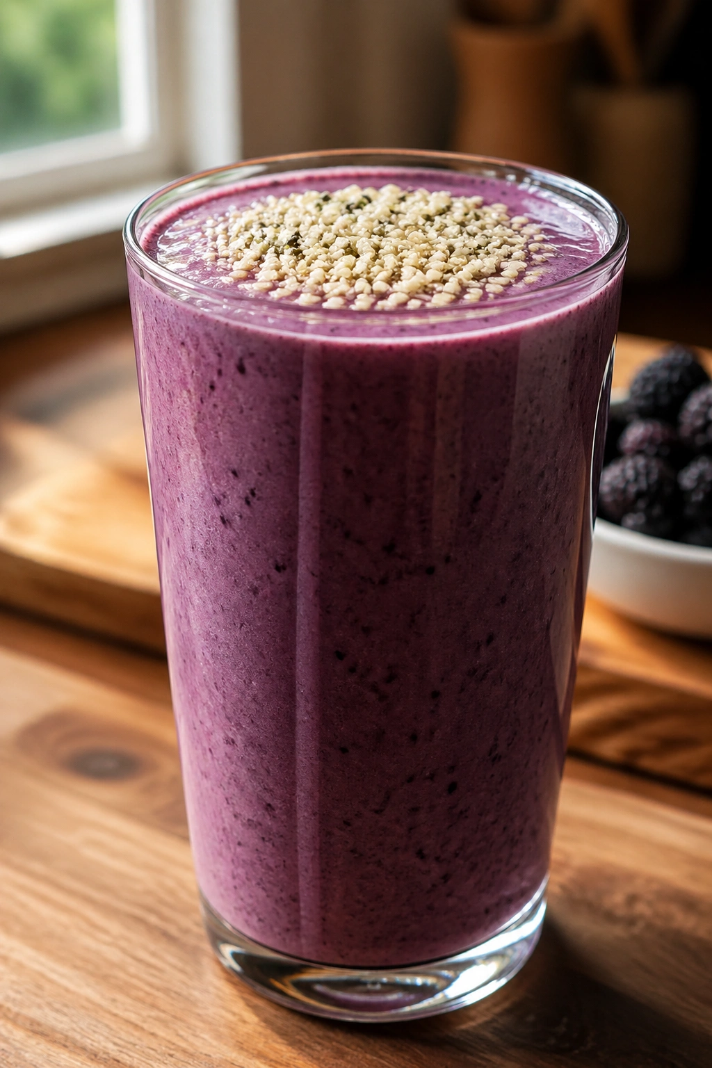 Close-up of a blackberry hemp heart shake in a glass with hemp seeds on top on a blurred kitchen counter