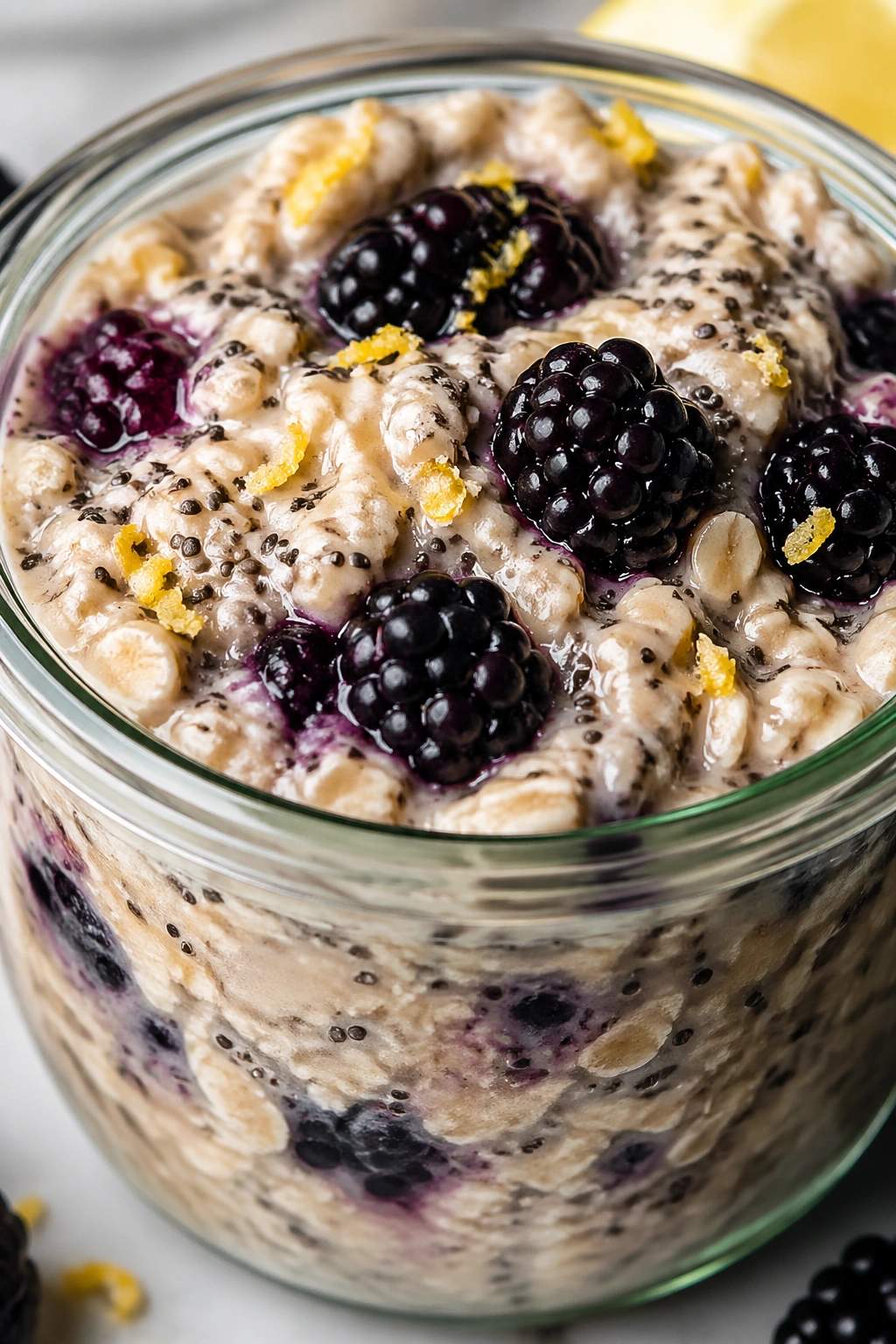 Close-up of blackberry lemon poppy seed oats in a jar with lemon zest